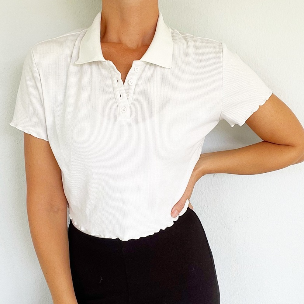 SHEIN white ribbed cropped length short sleeve cotton polo top size large